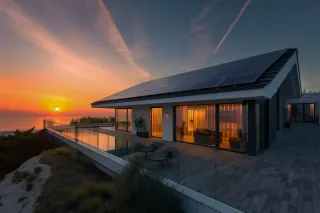 adobestock-725915117-v1-webp.webp Une maison moderne avec de grandes baies vitrées et des panneaux solaires sur le toit, surplombe un paysage côtier au coucher du soleil