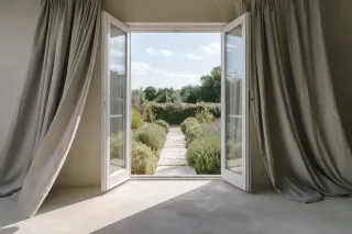aeration_fenetre.webp Vue d'une porte-fenêtre ouverte donnant sur un chemin en pierre entouré de verdure, baigné de lumière naturelle.