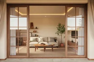 avantage_triple_vitrage.webp Un salon moderne et épuré, visible à travers de grandes portes vitrées en bois, avec un canapé crème, une table basse en bois et une