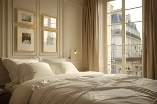 avantage_ventilation_acoustique.webp Une chambre lumineuse et élégante avec un lit douillet et des fenêtres donnant sur des bâtiments parisiens.