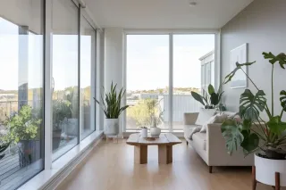 bruit_vitrage_isolation_phonique.webp Un salon lumineux au design minimaliste avec de grandes baies vitrées, des plantes vertes et un mobilier épuré.