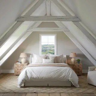 cadre_fenetre.webp Chambre sous les combles avec un lit douillet, poutres apparentes et fenêtre offrant une vue sur la campagne.