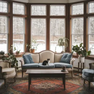 Chat_fenetre_hiver_isolation.webp Un chat est assis sur un canapé au centre d'une véranda lumineuse avec une vue enneigée et entourée de plantes.