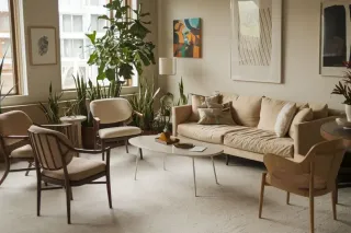 choisir_le_bon_vitrage.webp Un salon moderne et lumineux avec un canapé beige, des fauteuils élégants, des plantes vertes et des œuvres d'art sur les murs.