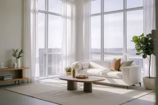 choix_de_matriaux_tryba.webp Un salon lumineux et moderne avec un canapé blanc, une table basse en bois, et de grandes fenêtres laissant entrer la lumière naturelle.