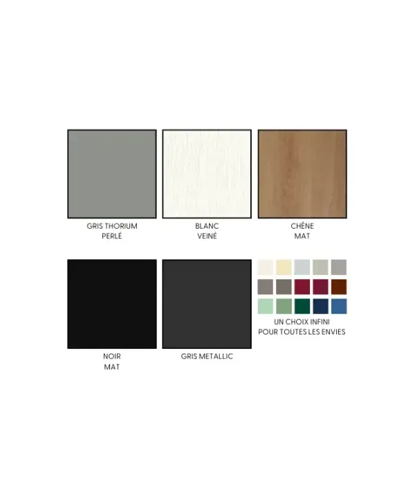 Palette de couleurs pour design d'intérieur incluant gris thorium perlé, blanc veiné, chêne mat, noir mat et gris métallique avec