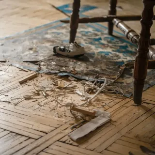 dommage_infiltration_eau.webp Un vieux plancher en bois est partiellement couvert de débris et d'une chaussure de bébé abandonnée, évoquant une scène de désordre