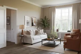double_vitrage_isolation_phonique.webp Un salon élégant et lumineux avec un canapé blanc, des fauteuils marron, une table basse moderne et de grandes fenêtres encadrées de rideaux
