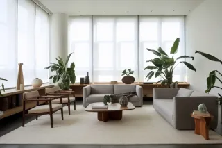 Double_vitrage_performance.webp Un salon moderne et lumineux avec des meubles en bois, des canapés gris et des plantes vertes, créant une atmosphère apaisante