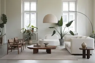 double_vitrage_pourquoi.webp Un salon moderne et épuré, décoré de plantes vertes, avec des meubles en bois et un canapé blanc, baigné de lumière naturelle.