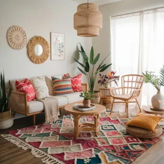 economie_energie_fenetre.webp Un salon lumineux et bohème avec des meubles en rotin, des plantes vertes et un tapis coloré.