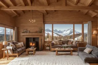 entretenir_grile_aeration.webp Un chalet en bois chaleureux avec une vue imprenable sur les montagnes enneigées à travers de grandes baies vitrées.
