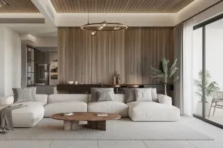fenetre_anti_effraction.webp Un salon moderne et minimaliste avec un canapé blanc, une table basse en bois et de grandes baies vitrées laissant entrer la lumière naturelle.