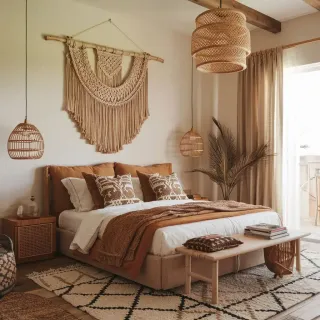 fenetre_chambre_energie.webp Une chambre chaleureuse au design bohème avec des éléments en fibres naturelles et des teintes terreuses.