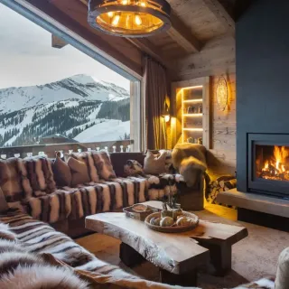 fenetre_climat.webp Un salon chaleureux en bois avec une cheminée, des canapés recouverts de fourrure et une vue imprenable sur les montagnes enneig