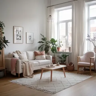 fenetre_haute_performance_energetique.webp Un salon lumineux et moderne avec un canapé blanc, des plantes vertes, et des accents décoratifs en bois et beige.