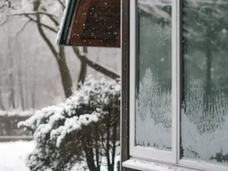 Fenêtre givrée avec vue sur un jardin enneigé et des arbres sous la neige.