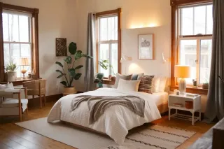 Fenetre_isolation_phonique_chambre_nuisance.webp Chambre lumineuse et épurée avec lit douillet, plantes vertes et décoration en bois naturel.