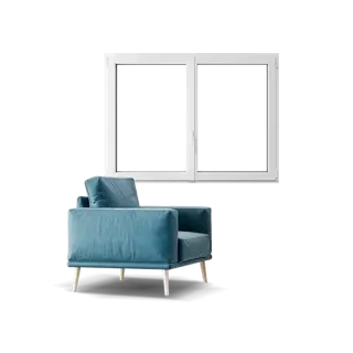 Fenetre-pvc-packshot.webp Un fauteuil bleu moderne placé devant une grande fenêtre blanche.