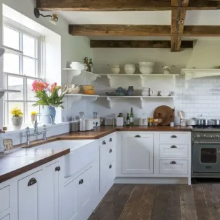 fenetre_usure.webp Cuisine rustique et lumineuse avec des éléments en bois, des étagères ouvertes et des appareils modernes.