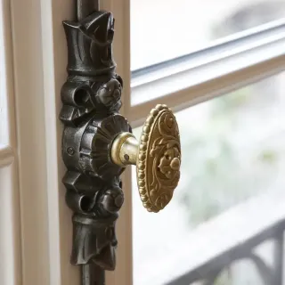 fenetres_poignees_et_cremones.webp Une élégante poignée en laiton ornée de motifs détaillés sur une porte près d'une fenêtre.