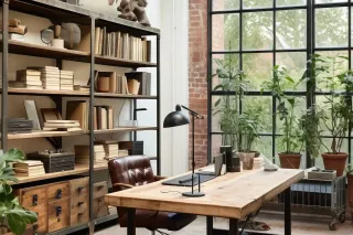 guide_pratique_isolation_phonique.webp Un bureau moderne et lumineux avec une table en bois, une étagère remplie de livres et des plantes près d'une grande fenêtre.