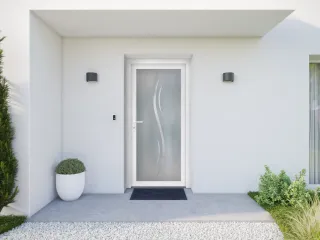 Entrée moderne avec une porte en verre dépoli ornée de motifs ondulés, encadrée par des murs blancs et des plantes décoratives