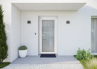 Une entrée de maison moderne avec une porte vitrée de couleur blanche, encadrée de murs clairs et décorée de plantes vertes.
