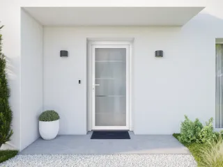 Une entrée de maison moderne avec une porte vitrée de couleur blanche, encadrée de murs clairs et décorée de plantes vertes.
