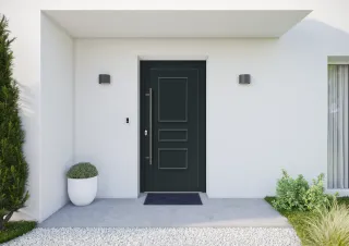 Porte d'entrée moderne noire encadrée de murs blancs, avec des plantes vertes et des luminaires muraux minimalistes.