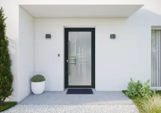 Entrée moderne avec porte en verre dépoli, encadrée de murs blancs et ornée de plantes vertes.