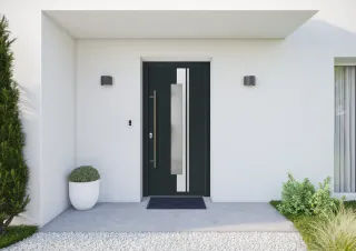 Entrée moderne avec porte noire élégante, ornée d'une bande verticale en verre, entourée de murs blancs et de plantes en pot.