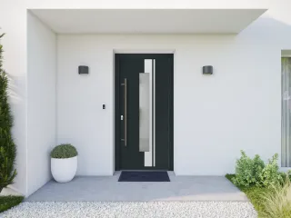 Entrée moderne avec porte noire élégante, ornée d'une bande verticale en verre, entourée de murs blancs et de plantes en pot.