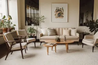 identifier_le_double_vitrage.webp Un salon lumineux et moderne avec un canapé beige, des fauteuils en bois, des tables basses en bois clair, des plantes vertes et une