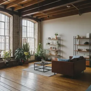 Isolation_phonique_fenetre_salon_bruit.webp Un salon lumineux au style industriel avec de grandes fenêtres en arc, des plantes vertes, un canapé en cuir et des étagères modernes.