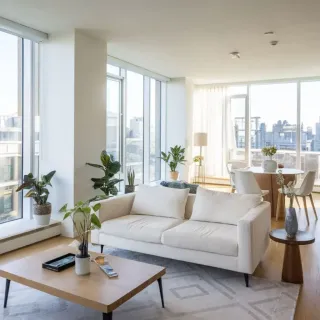 Isolation_phonique_fenetre_salon_centre_ville.webp Un salon moderne et lumineux avec de grandes fenêtres, décoré avec des plantes et un mobilier épuré, offre une vue imprenable sur la ville.