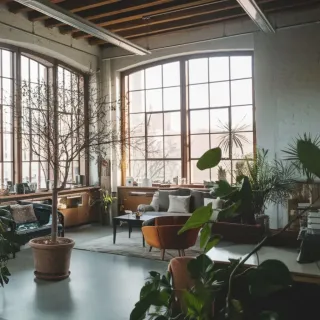 Isolation_phonique_fenetre_salon_nuisance.webp Un lumineux salon industriel avec de grandes fenêtres, des meubles modernes et des plantes vertes.