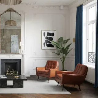 Isolation_phonique_fenetre_vieux_batiment.webp Un salon élégant avec des fauteuils en cuir marron, une cheminée ornée d'un grand miroir, et une décoration moderne dans un cadre lumineux.