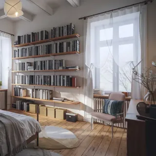 Isolation_phonique_fenetre.webp Une chambre lumineuse et élégante avec une grande bibliothèque murale, un parquet en bois et des touches décoratives minimalistes.