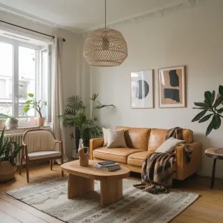 isolation_phonique_maximiser.webp Un salon lumineux et moderne avec un canapé en cuir caramel, des plantes vertes, et un décor épuré aux tons neutres.