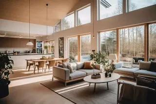 joint_etancheite_ventilation.webp Un salon moderne et lumineux avec de grandes baies vitrées donnant sur un paysage boisé, aménagé avec des meubles scandinaves et des plantes