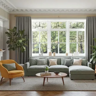 mauvaise_pose_fenetre.webp Un salon lumineux et élégant avec un canapé vert pastel, un fauteuil jaune, et une grande fenêtre laissant entrer la lumière naturelle.