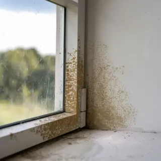 moisissure_fenetre.webp Fenêtre avec des signes de moisissure et de condensation sur le cadre intérieur.