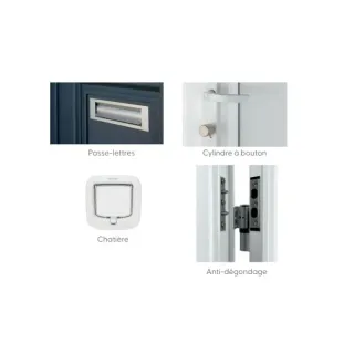 option_confort.webp Cette image montre quatre éléments d'une porte : un passe-lettres, un cylindre à bouton, une chatière et un système anti-d