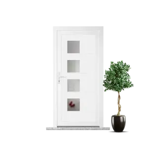 Packshot-porte-entree-pvc-semi-vitree.webp Porte d'entrée moderne blanche avec cinq fenêtres rectangulaires et une plante verte en pot à proximité.