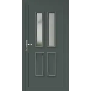 PDM_LP_ALU_Desktop.webp Porte d'entrée moderne avec deux panneaux vitrés verticaux et poignée en métal argenté.