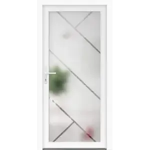 PDM_LP_PVC.webp Porte en verre dépoli avec motifs géométriques et cadre blanc moderne.