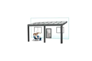 pergola_volutive_a_toit_fixe_tryba_1.webp Une pergola moderne en métal est installée à l'extérieur d'une maison avec un fauteuil suspendu en dessous.