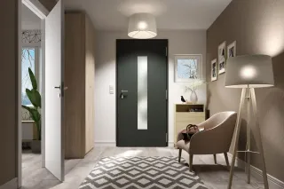 Porte_entree_tryba.webp Entrée moderne et lumineuse avec porte noire, fauteuil beige, et décoration sobre.