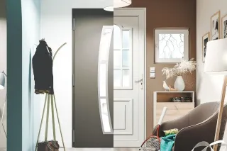 porte.webp L'image montre un intérieur moderne divisé en deux styles contrastés, avec une porte centrale séparant un espace minimaliste et lumineux d'un espace plus